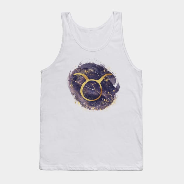 Taurus gold symbol with constellation on watercolor Tank Top by Darkstar Designs